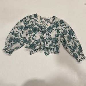 Abercrombie & Fitch Women’s Blouse Size L Green Floral Tie Front Puff Sleeve